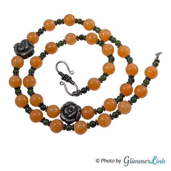 Vintage Sterling Silver Necklace Carnelian Quartz & Jade Beads 19" - Picture 12 of 14